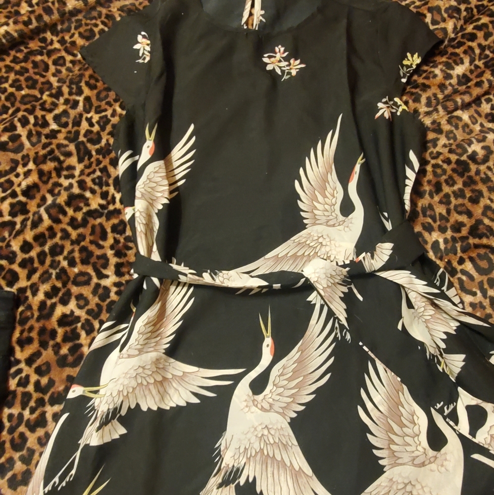 Satin Tunic Shirt - Bird Print - Size M
